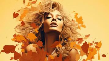 a beautiful blonde woman is surrounded by autumn leaves generative ai photo