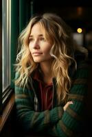 a beautiful blonde woman looking out the window generative ai photo