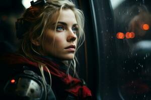 a beautiful blonde woman looking out the window of a car generative ai photo