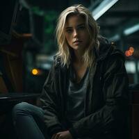 a beautiful blonde woman sitting in front of a computer generative ai photo