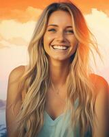 a beautiful blonde woman smiling in front of a sunset generative ai photo