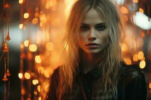 a beautiful blonde woman standing in front of a string of lights generative ai photo
