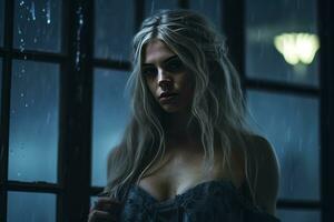 a beautiful blonde woman standing in front of a window in the rain generative ai photo