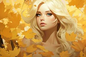 a beautiful blonde woman surrounded by autumn leaves generative ai photo