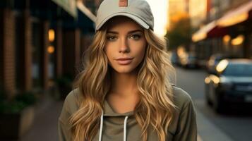 a beautiful blonde woman wearing a baseball cap on a city street generative ai photo