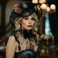 a beautiful blonde woman wearing a black hat generative ai photo