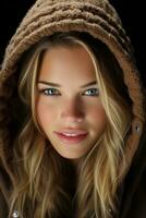 a beautiful blonde woman wearing a brown hoodie generative ai photo