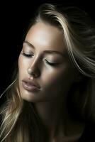 a beautiful blonde woman with her eyes closed generative ai photo