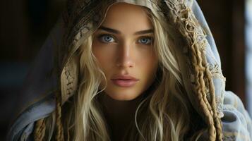 a beautiful blonde woman with blue eyes generative ai photo