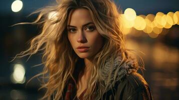a beautiful blonde woman with her hair blowing in the wind generative ai photo