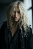 a beautiful blonde woman with long hair and a black jacket generative ai photo