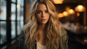 a beautiful blonde woman with long hair standing in front of a window generative ai photo