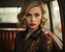 a beautiful blonde woman with red lipstick sitting in the back seat of an old car generative ai photo