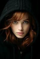 a beautiful red haired woman in a black hoodie generative ai photo