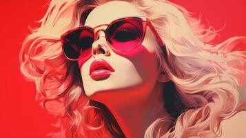 a beautiful blonde woman with sunglasses on a red background generative ai photo