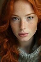 a beautiful red haired woman with freckles on her face generative ai photo