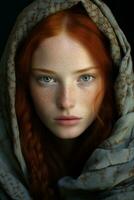 a beautiful red haired woman with blue eyes generative ai photo