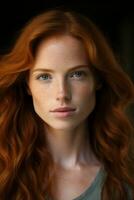 a beautiful redhead woman with freckles on her face generative ai photo
