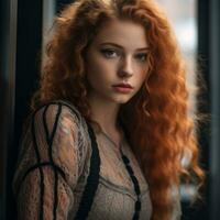 a beautiful redhead woman with long curly hair generative ai photo