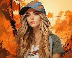 un hermosa mujer en un béisbol gorra y chaqueta es en pie en frente de otoño hojas generativo ai foto