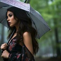 a beautiful woman holding an umbrella in the rain generative ai photo