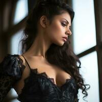 a beautiful woman in a black dress looking off to the side generative ai photo