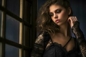 a beautiful woman in a black dress leaning against a window generative ai photo