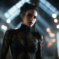 a beautiful woman in a black dress standing in a dark room generative ai photo