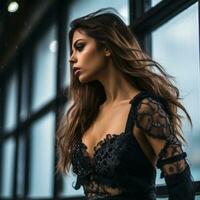 a beautiful woman in a black dress standing in front of a window generative ai photo