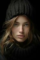 a beautiful woman in a black hat and scarf generative ai photo
