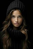 a beautiful woman in a black hat and scarf generative ai photo