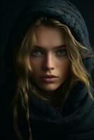 a beautiful woman in a black hooded scarf generative ai photo