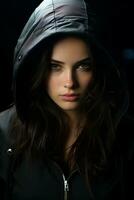 a beautiful woman in a black hoodie generative ai photo