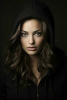 a beautiful woman in a black hoodie generative ai photo