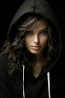 a beautiful woman in a black hoodie generative ai photo