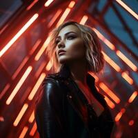a beautiful woman in a black leather jacket standing in front of red neon lights generative ai photo