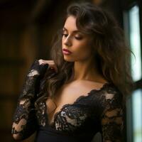 a beautiful woman in a black lace dress generative ai photo