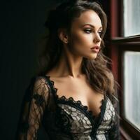 a beautiful woman in a black lace dress looking out the window generative ai photo