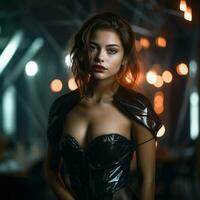 a beautiful woman in a corset posing in a dark room generative ai photo