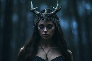 a beautiful woman in a forest with horns on her head generative ai photo