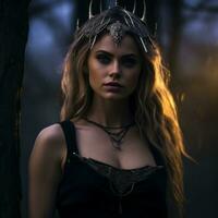 un hermosa mujer en un bosque con cuernos en su cabeza generativo ai foto