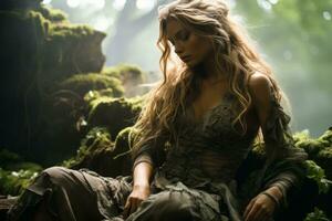 a beautiful woman in a forest with long hair sitting on a log generative ai photo