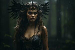 un hermosa mujer en un bosque con alas en su cabeza generativo ai foto