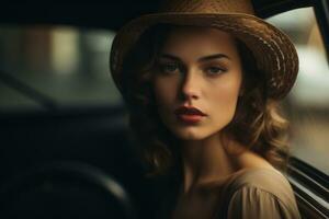 a beautiful woman in a hat sitting in a car generative ai photo