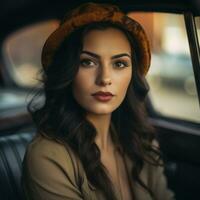 a beautiful woman in a hat sitting in the back seat of a car generative ai photo