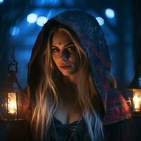 a beautiful woman in a hooded robe with lanterns generative ai photo