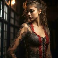 a beautiful woman in a lace dress standing in front of a window generative ai photo
