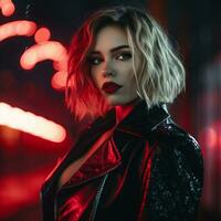 a beautiful woman in a leather jacket and red lipstick generative ai photo