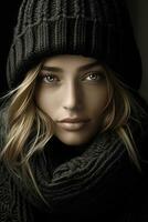 a beautiful woman in a winter hat and scarf generative ai photo