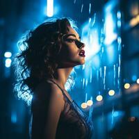 a beautiful woman in the rain at night generative ai photo